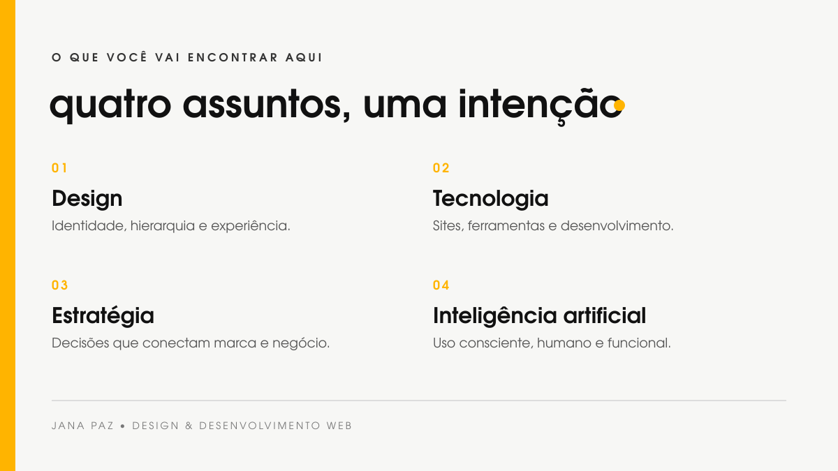 Quatro temas do blog Jana Paz: design, tecnologia, estratégia e inteligência artificial